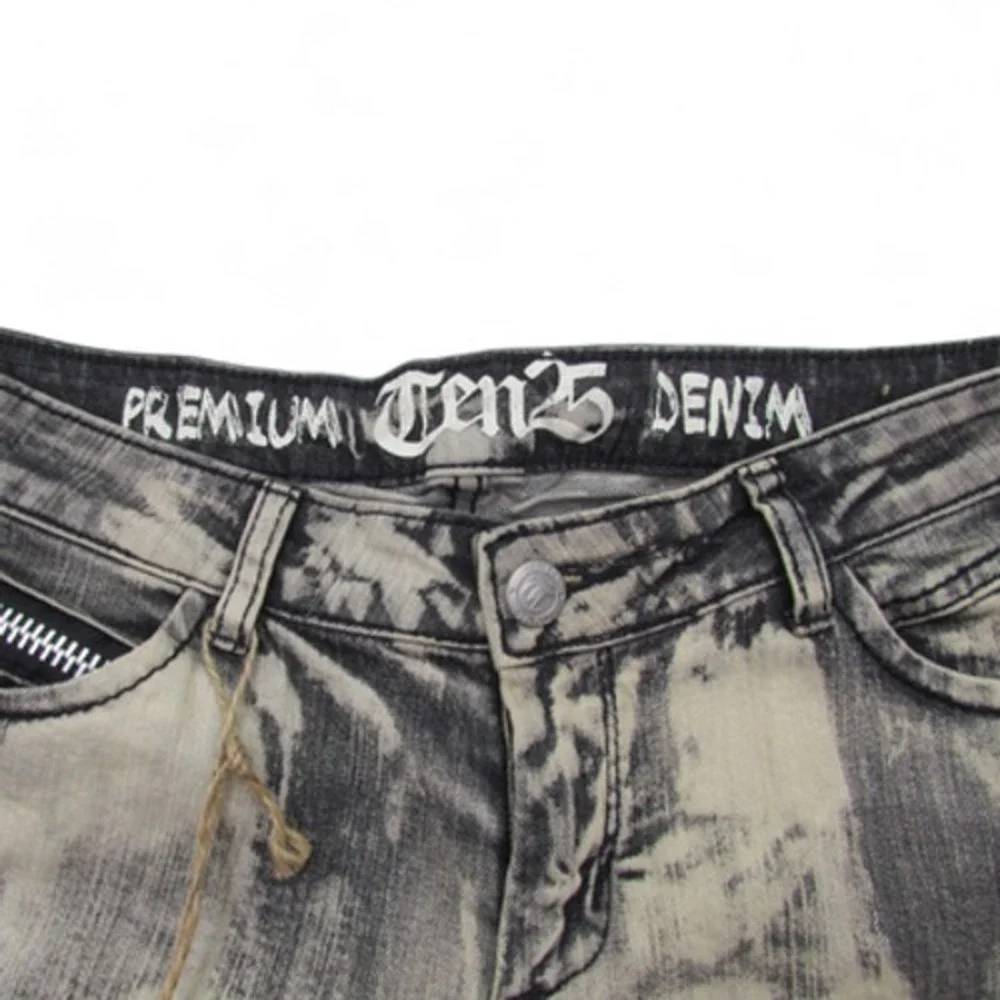 Ten25 Jeans Mens 13/14 Black Gray‎ Distressed Stretch Denim Biker Moto Pants Zip